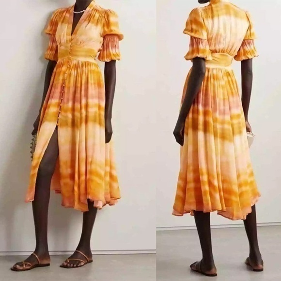 Cult Gaia Willow Empire Tie Dye Orange Half Sleeve V-Neck Midi Dress Xs